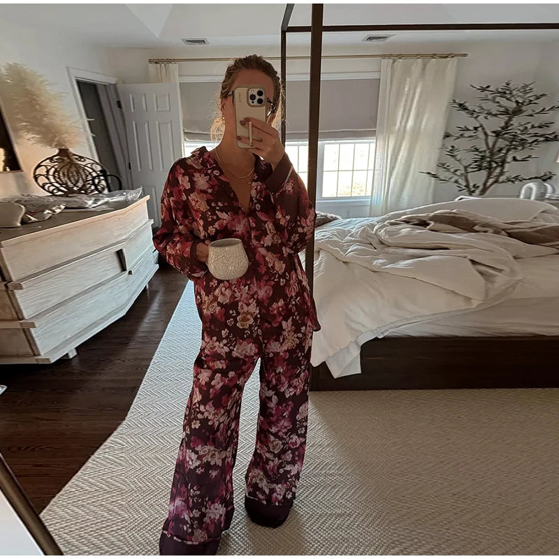Casual Print Blouse and Wide Leg Pants Set for Women