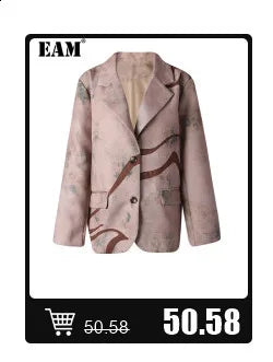 [EAM] Women Blue Pleated Hem Long Big Size Blouse New Stand Collar Long Sleeve Shirt Fashion Tide Spring Autumn 2025 1DH5707