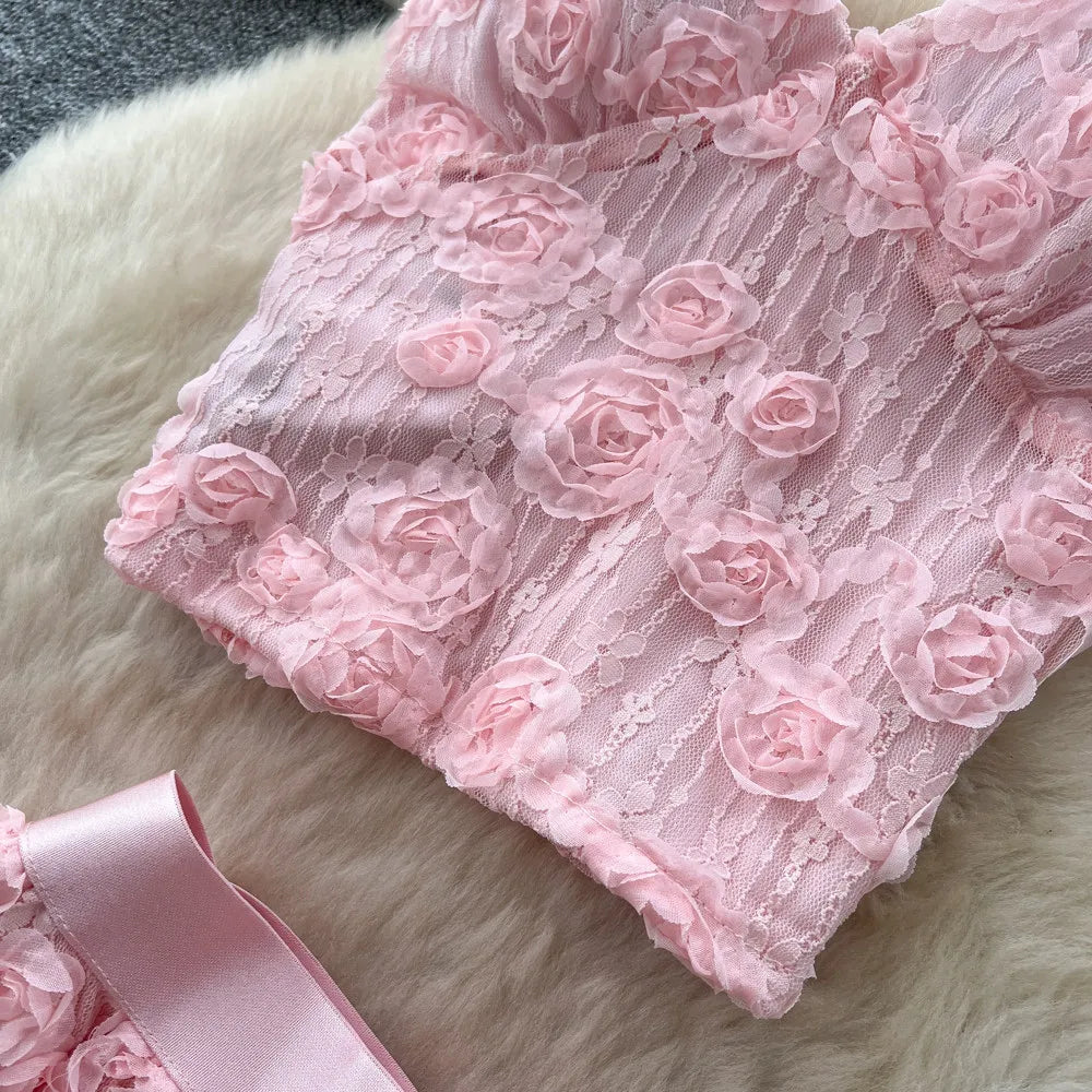 3D Floral Lace Camisole and Pleated Skirt Set for Women