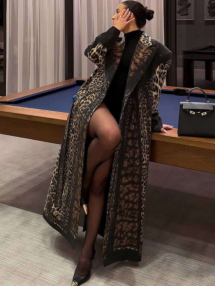 Cutemew Trench Leopard Print Coat Women Hipster Fall Warm Lapel Neck Full Sleeve Coquette Street Adjustable Belt Lady Outwear