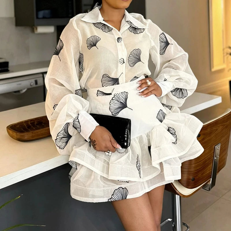 Printed Summer Puff Sleeve Top And Skirt Set for Women