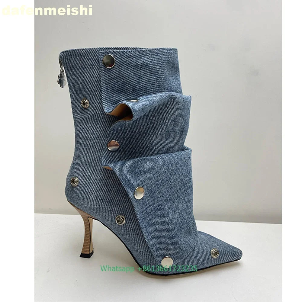Pleated Stiletto Pointed Toe Leather Ankle Boots With Rivet Buckle For Women