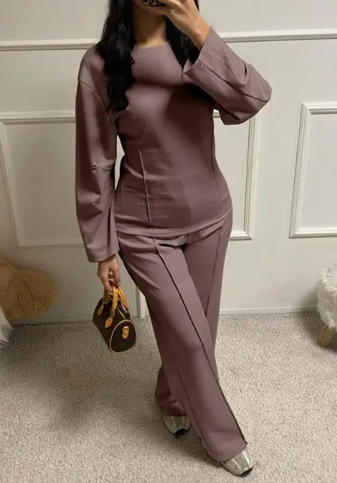 Autumn Casual Loose 2-Piece Set of Solid Color Round Neck Pit Stripe Spliced Top and High Waisted Straight Leg Pants Set