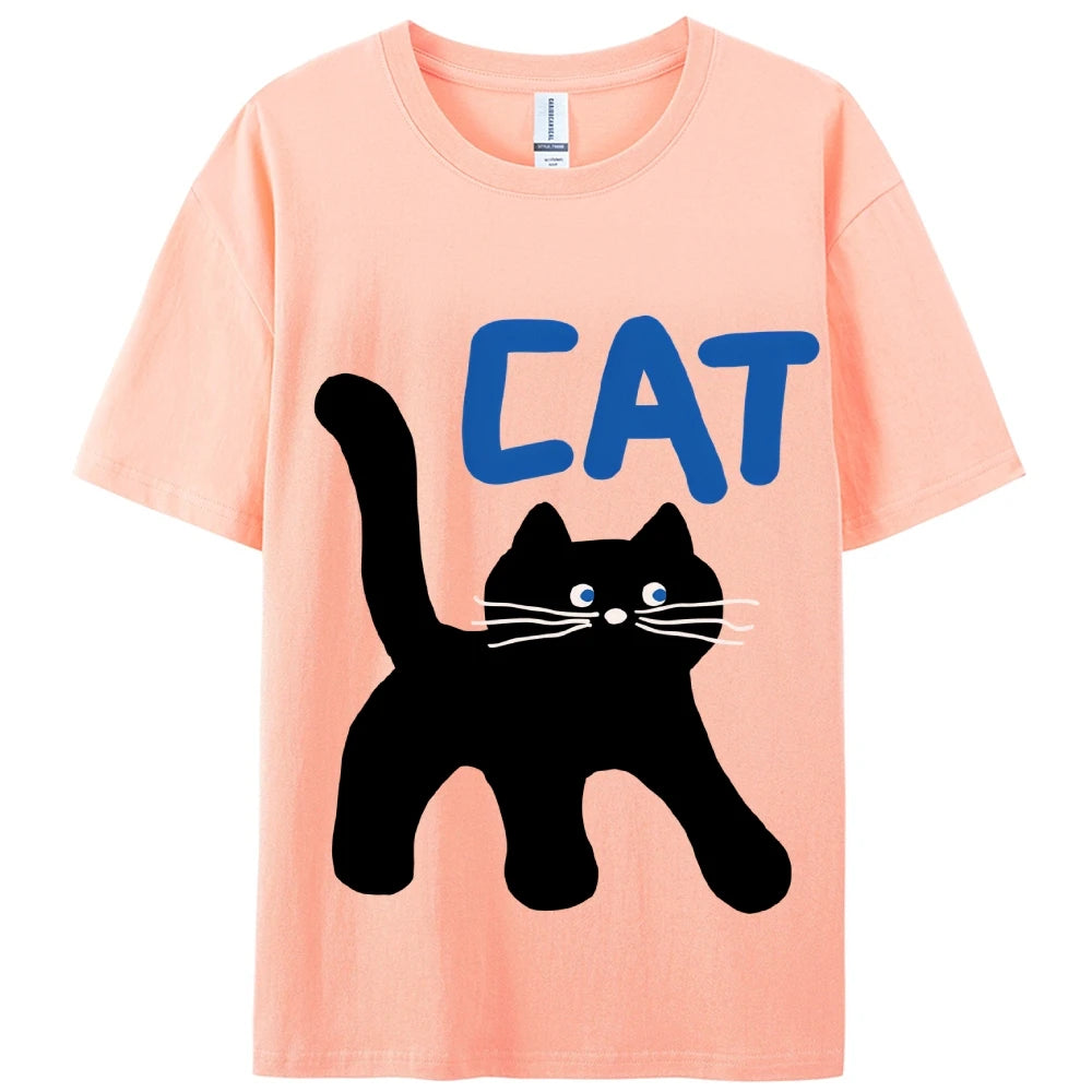 Women's Basic Crew Neck Tee Trendy Y2K Women's Short Sleeve Cartoon Cat Print Cute Aesthetic Cotton Casual T-Shirt