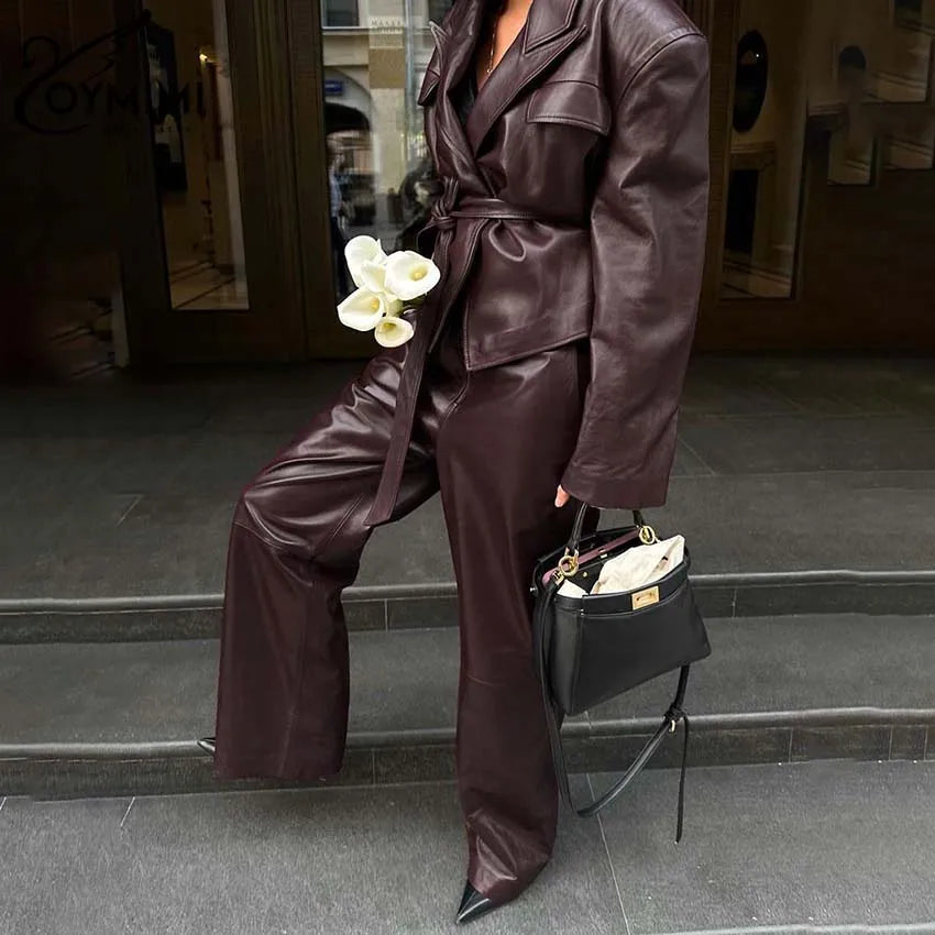 Oymimi Vintage Wine Red Pu Leather Womens 2 Piece Outfit Set Elegant Long Sleeve Lace-Up Shirts And Straight Simple Trousers Set