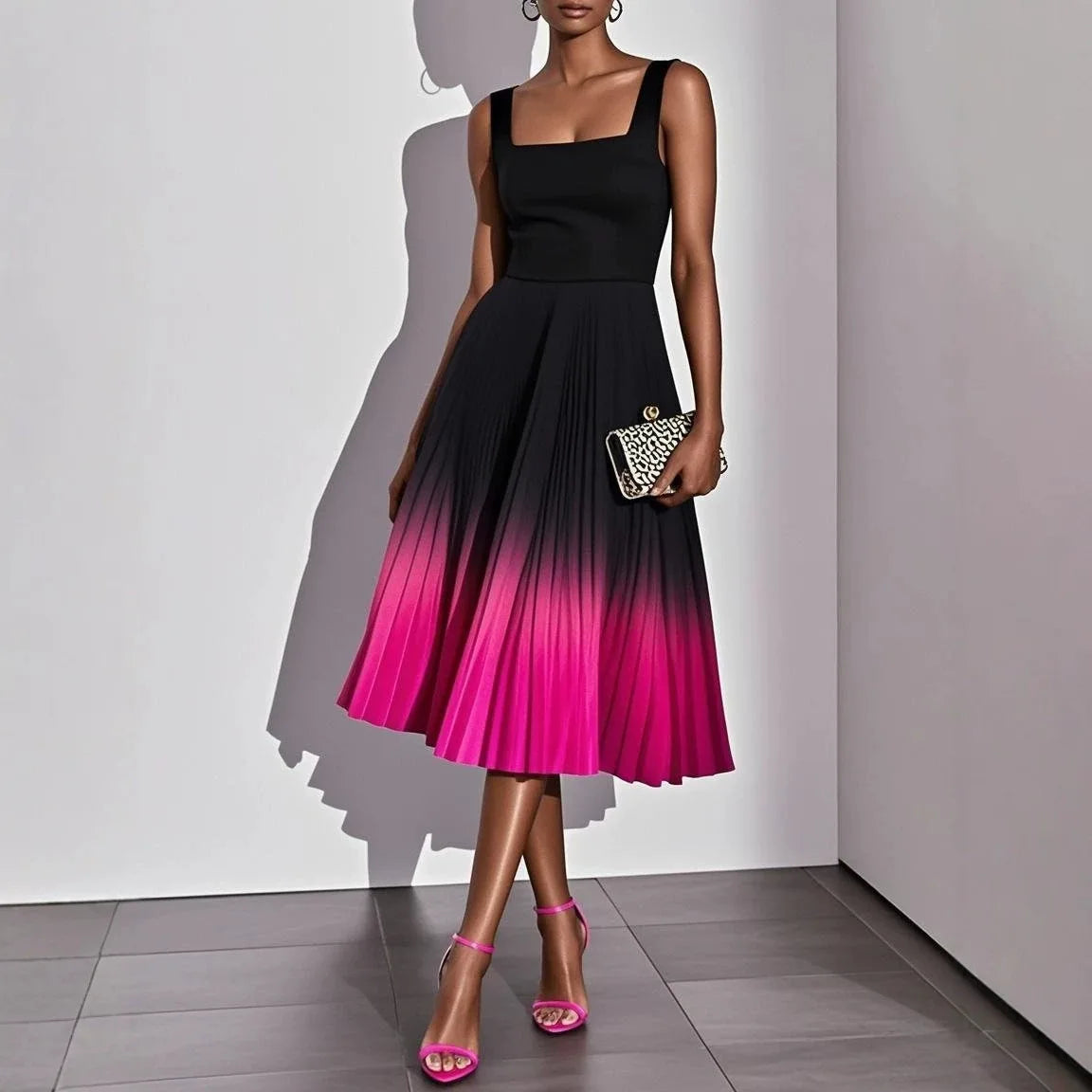 Sleeveless Gradient Print A Line Pleated Midi Dress for Women