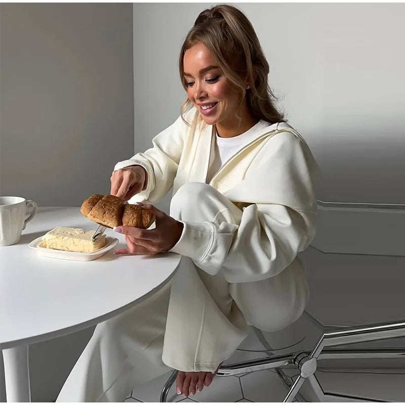 Casual Hooded Jacket and Wide Leg Pants Set for Women