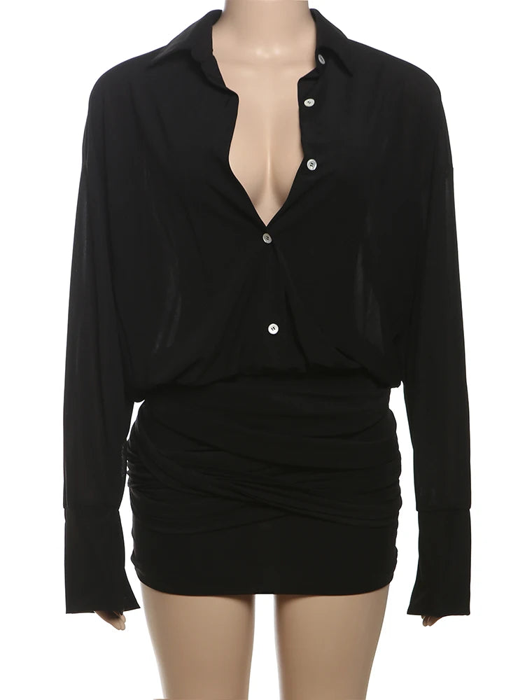 Cutenew Solid Classic Women Blouse Dress Sexy Thin See Through Full Sleeve Lapel Single Breasted Pleated Mini Vestido Streetwear