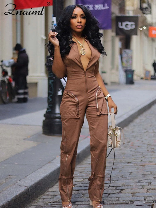 Znaiml Safari Style Short Sleeve Zipper Pocket Jumpsuit Women Fashion Cargo Pants One Piece Overalls Streetwear Playsuit Rompers