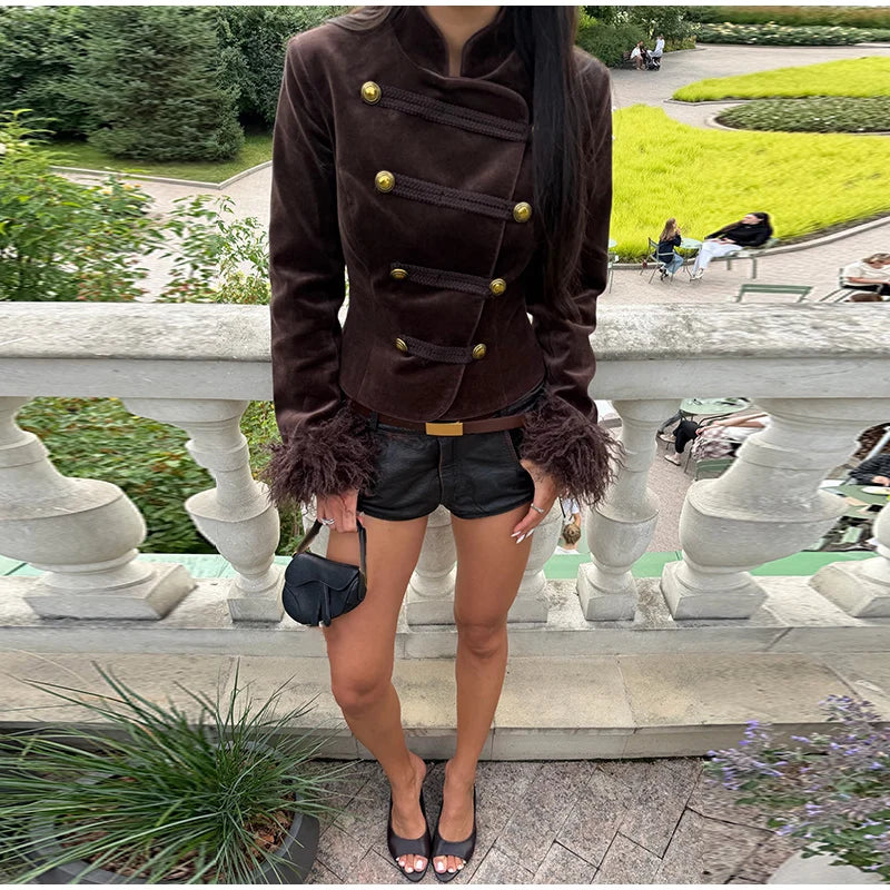Feather Patchwork Double Breasted Stand Collar Coat for Women