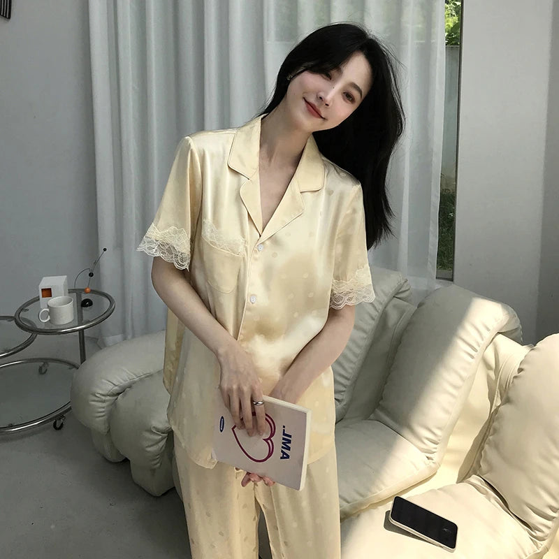 Y2k Pink Sweet Dot Lace Jacquard Women Pajamas French Romantic Lazy Lady Nightgown 2024 New Summer Korean Harajuku Home 2pc Set
