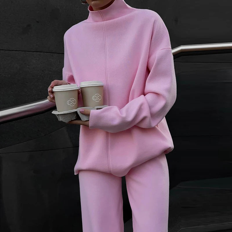 Solid Turtleneck Sweatshirt Set With Wide Leg Pants for Women