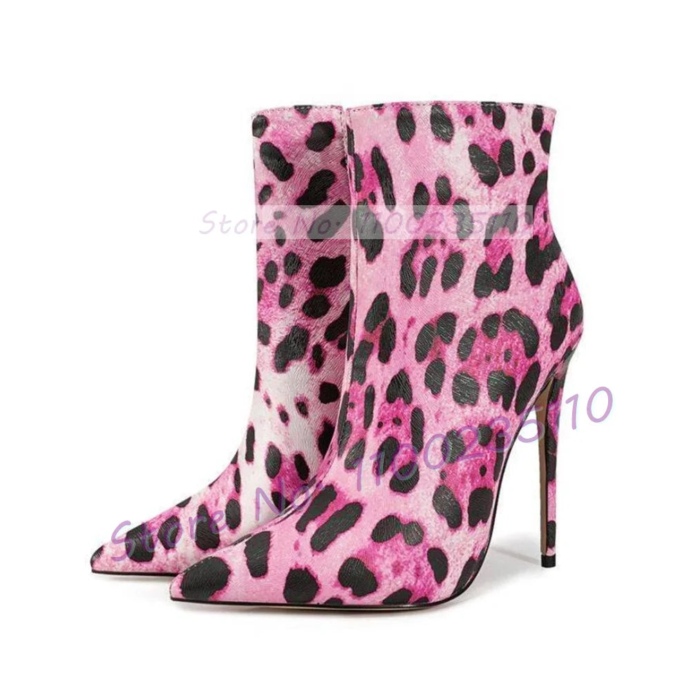 Pink Leopard Print Pointed Toe Ankle Boots Women Trendy Side Zipper Sexy Stiletto High Heels Luxury Stylish Streetwear Shoes