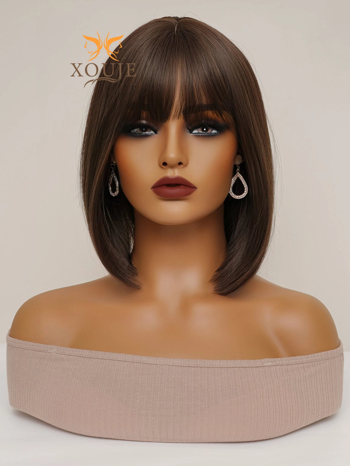 Natural Brown Straight Synthetic Wig With Bangs For Women
