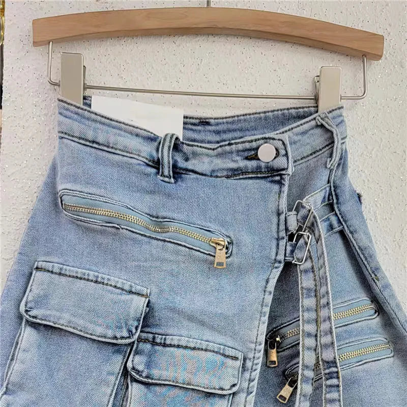 Irregular multi-pocket tooling A-word shorts women's loose wide-leg pants 2024 summer strap-on denim skirt pants