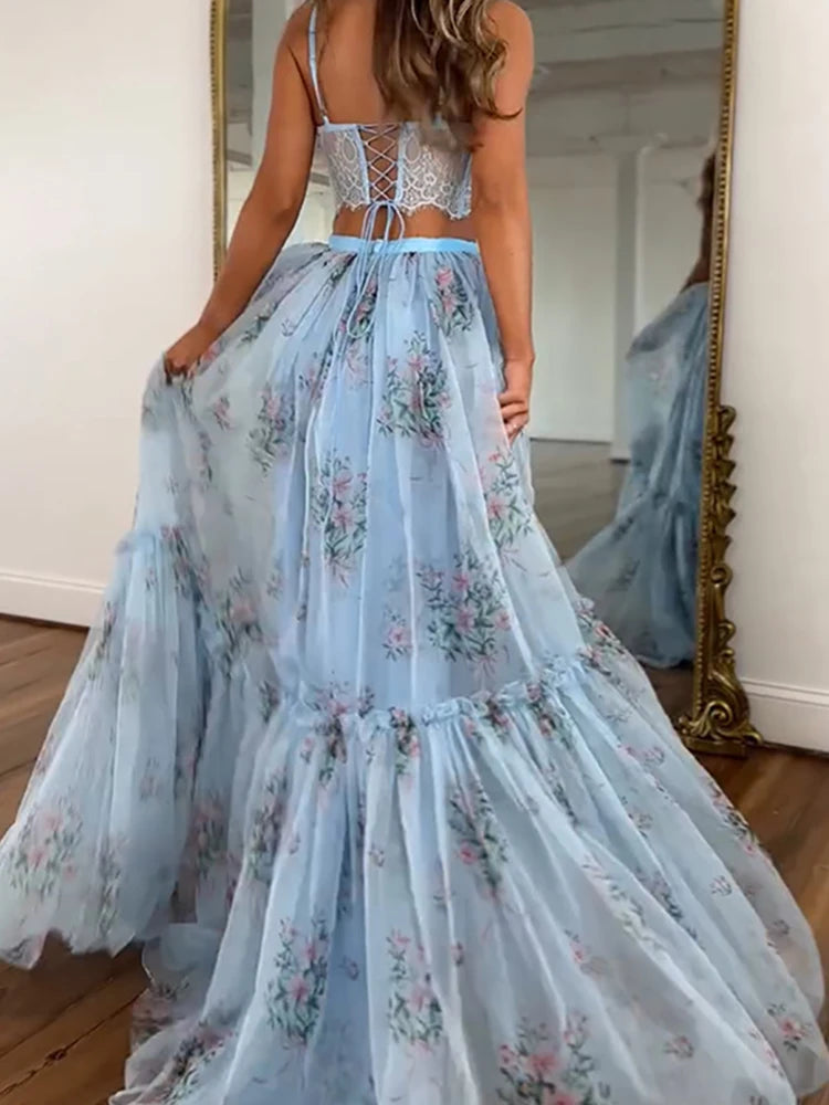 Printed Spaghetti Strap Top and Maxi Skirt Set for Women