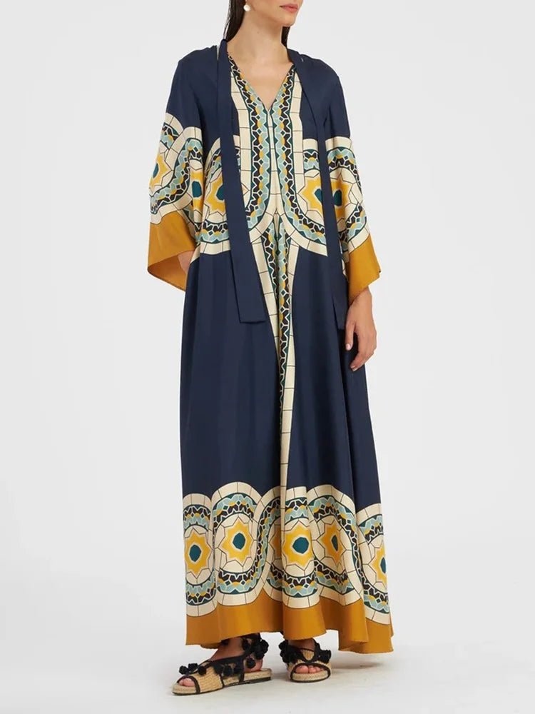 Loose Fit Lace Up V Neck Maxi Dress