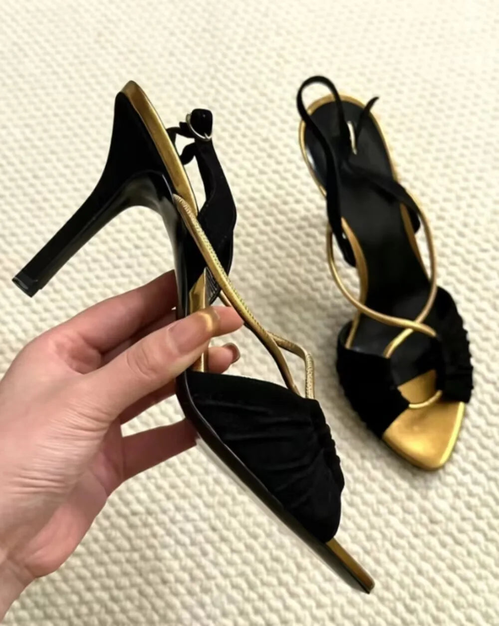 Black And Gold Pointed Toe Stiletto Sandals With Crisscross Straps For Women