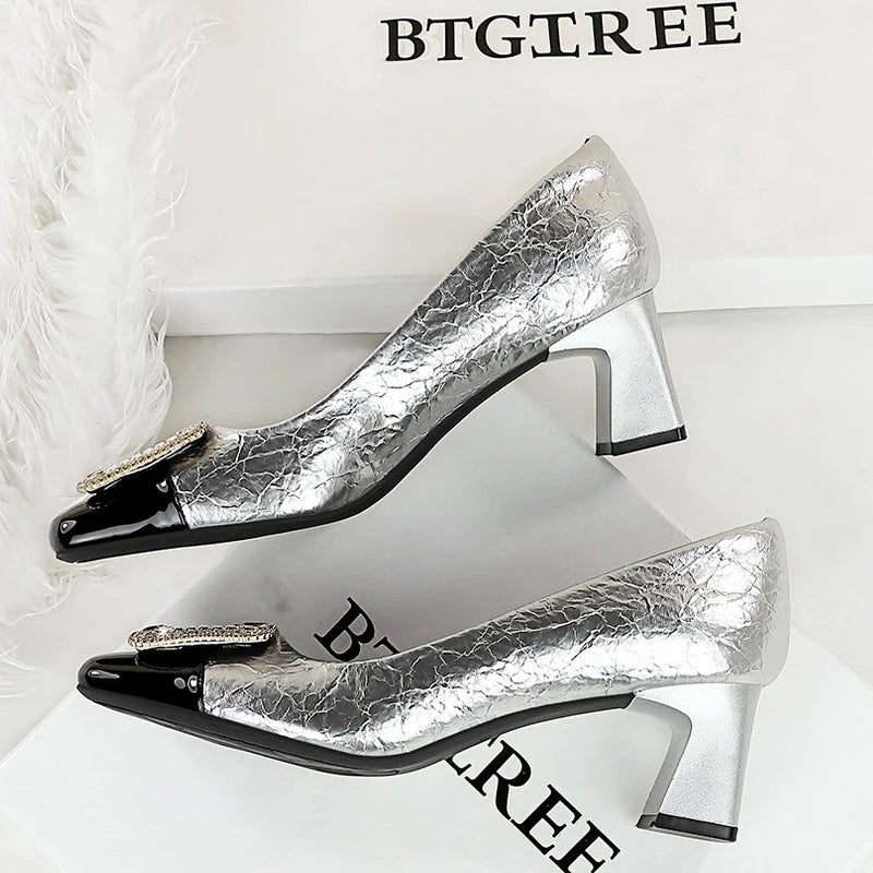 Elegant Crystal Detail Square Heel Pumps for Women