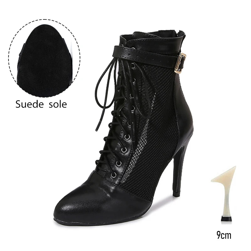Black Mesh Latin Dance Booties With High Heels for Women