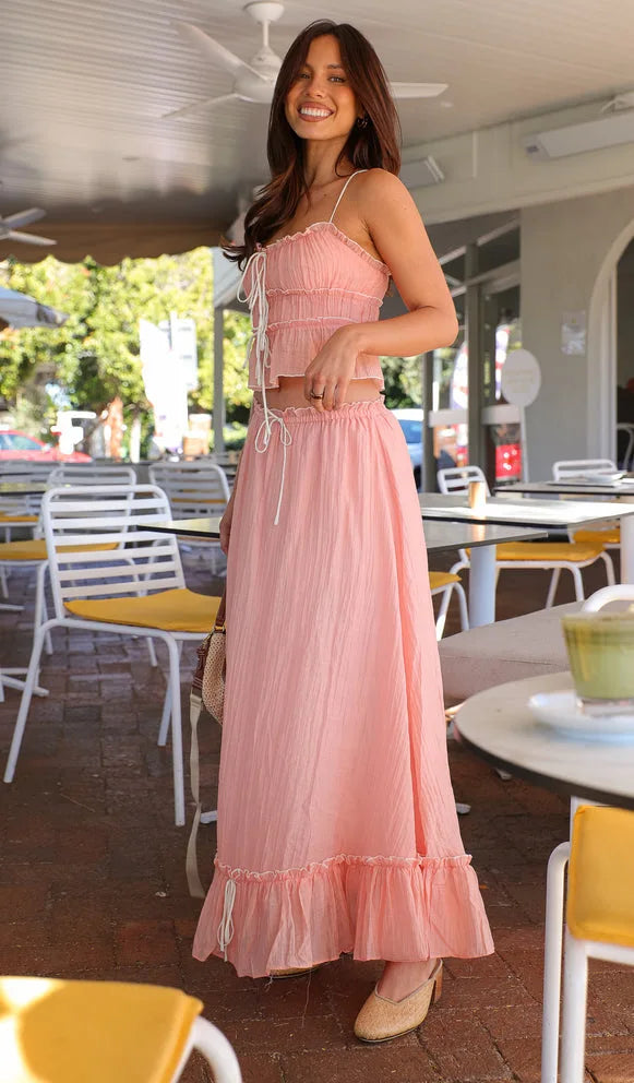 Pleated Bow Suspender Top and Skirt Two Piece Set for Women