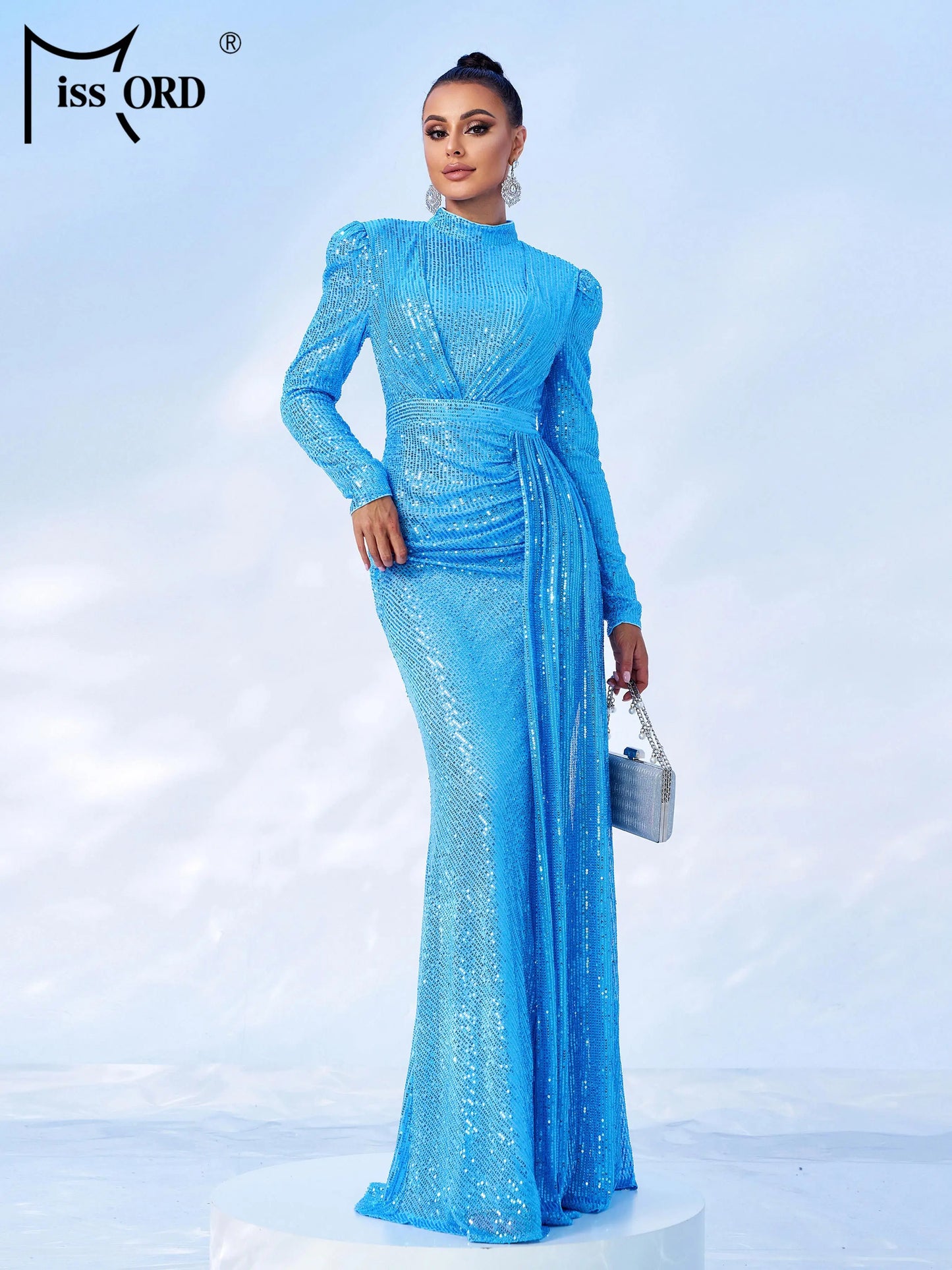Missord Round Neck Long Sleeved Sequin Mermaid Evening Fashionable Exquisite Cocktail Prom Dress