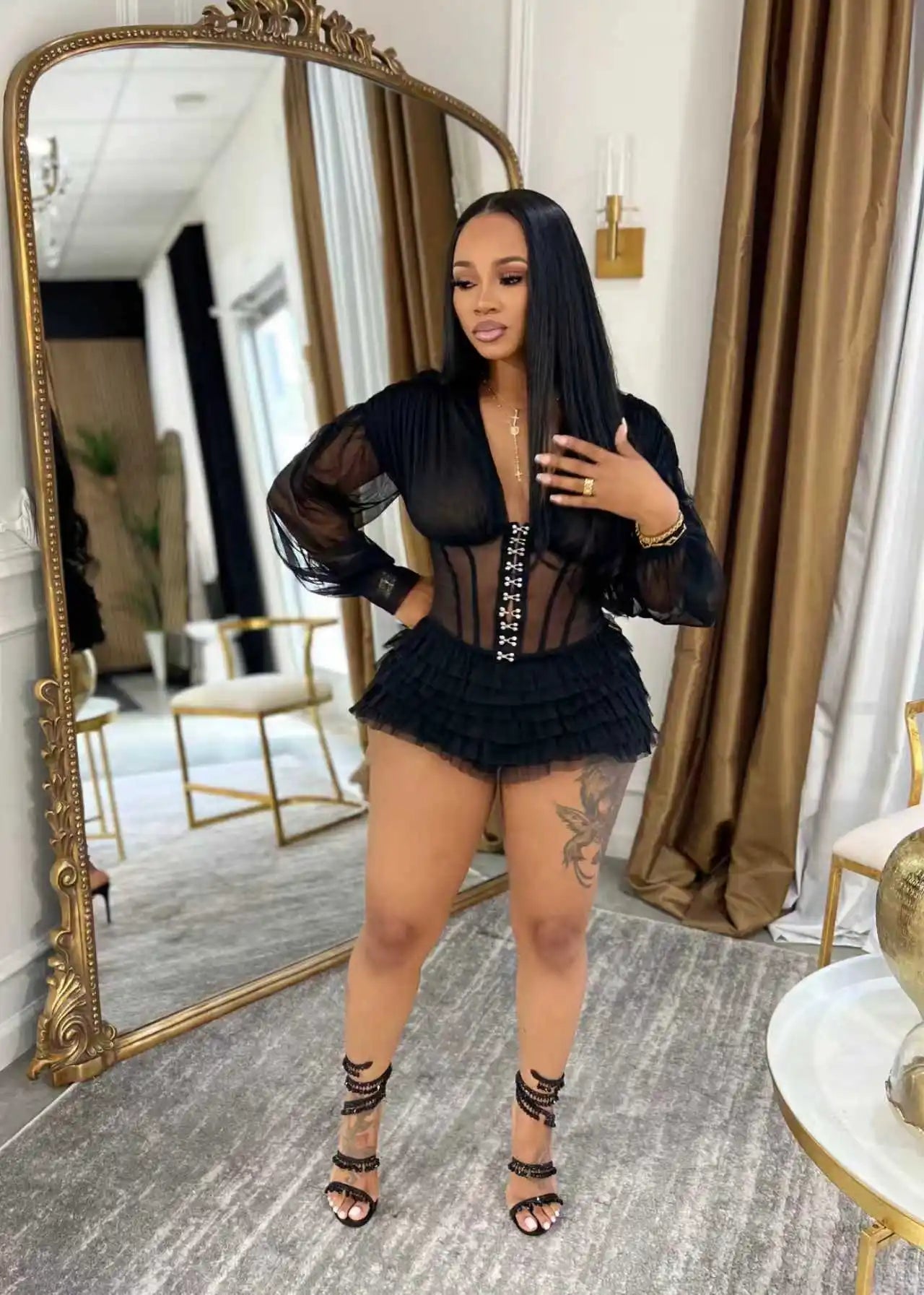 Mesh Ruched Patchwork See Through Long Sleeve Bodycon Rompers for Women