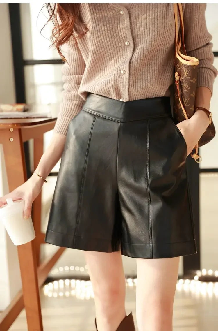 High Waist Wide Leg A Line Patchwork Faux Leather Shorts For Women