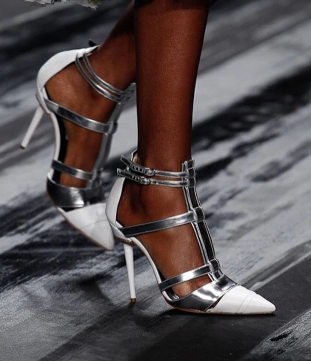 Metallic Silver Leather Pointed Sandals