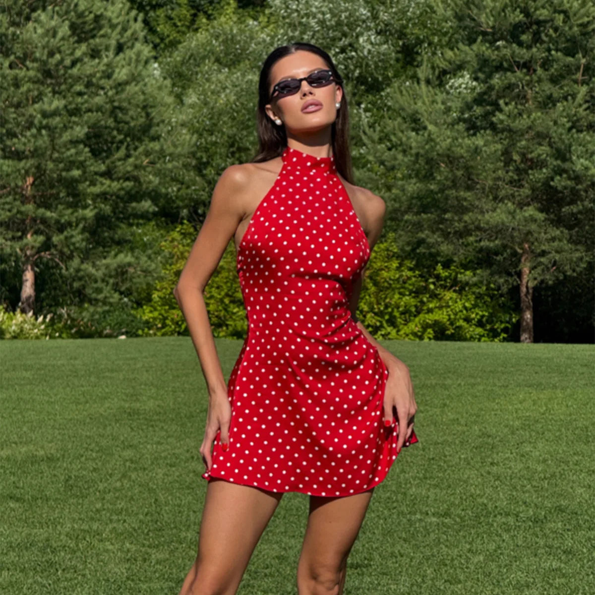 Elegant Dot Halter Satin Backless Mini Dress for Women