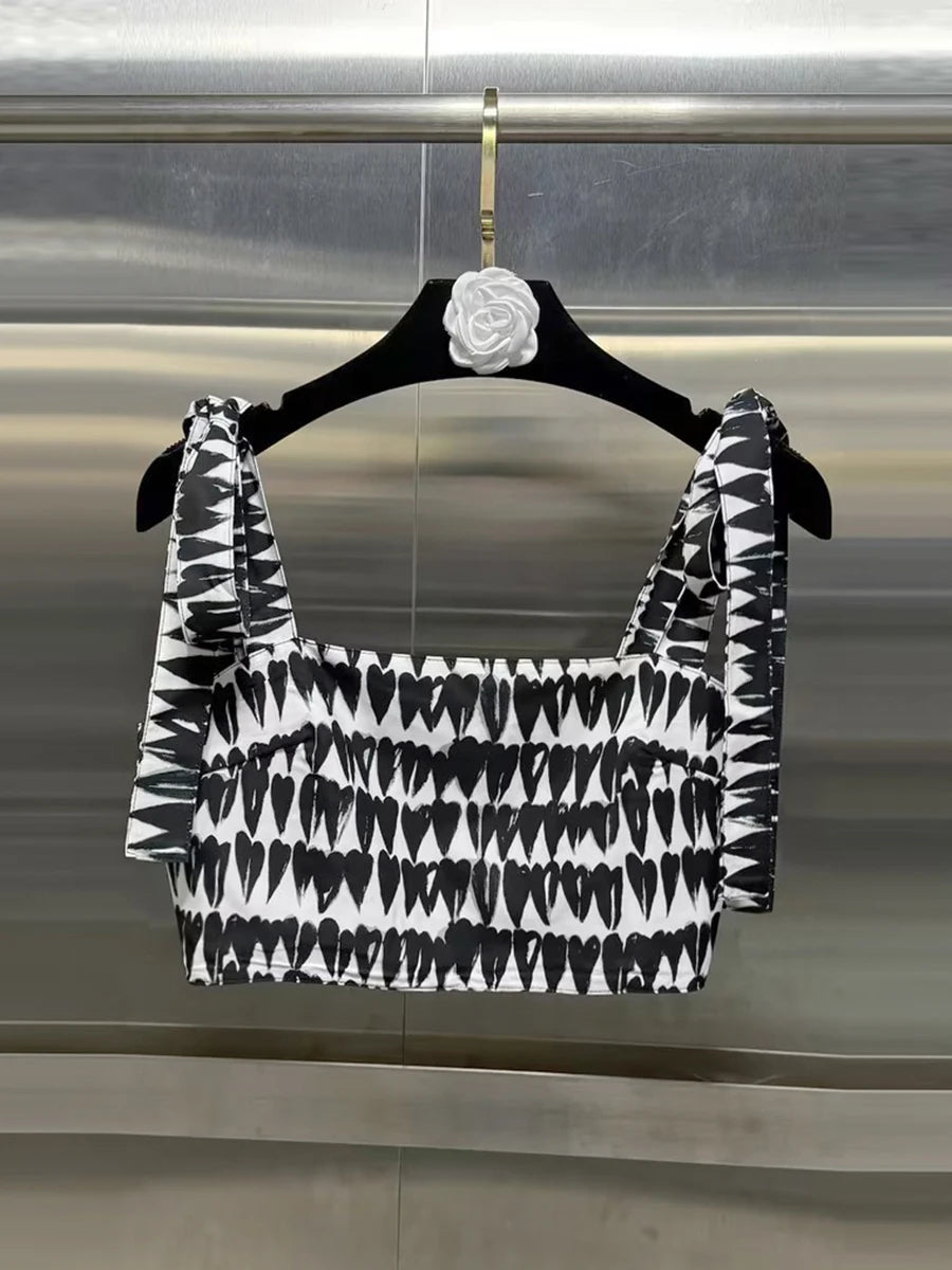 VGH Colorblock Printing Two Piece Set for Women Square Collar Sleeveless Top High Waist Slim A Line Maxi Skirts Sexy Sets Female