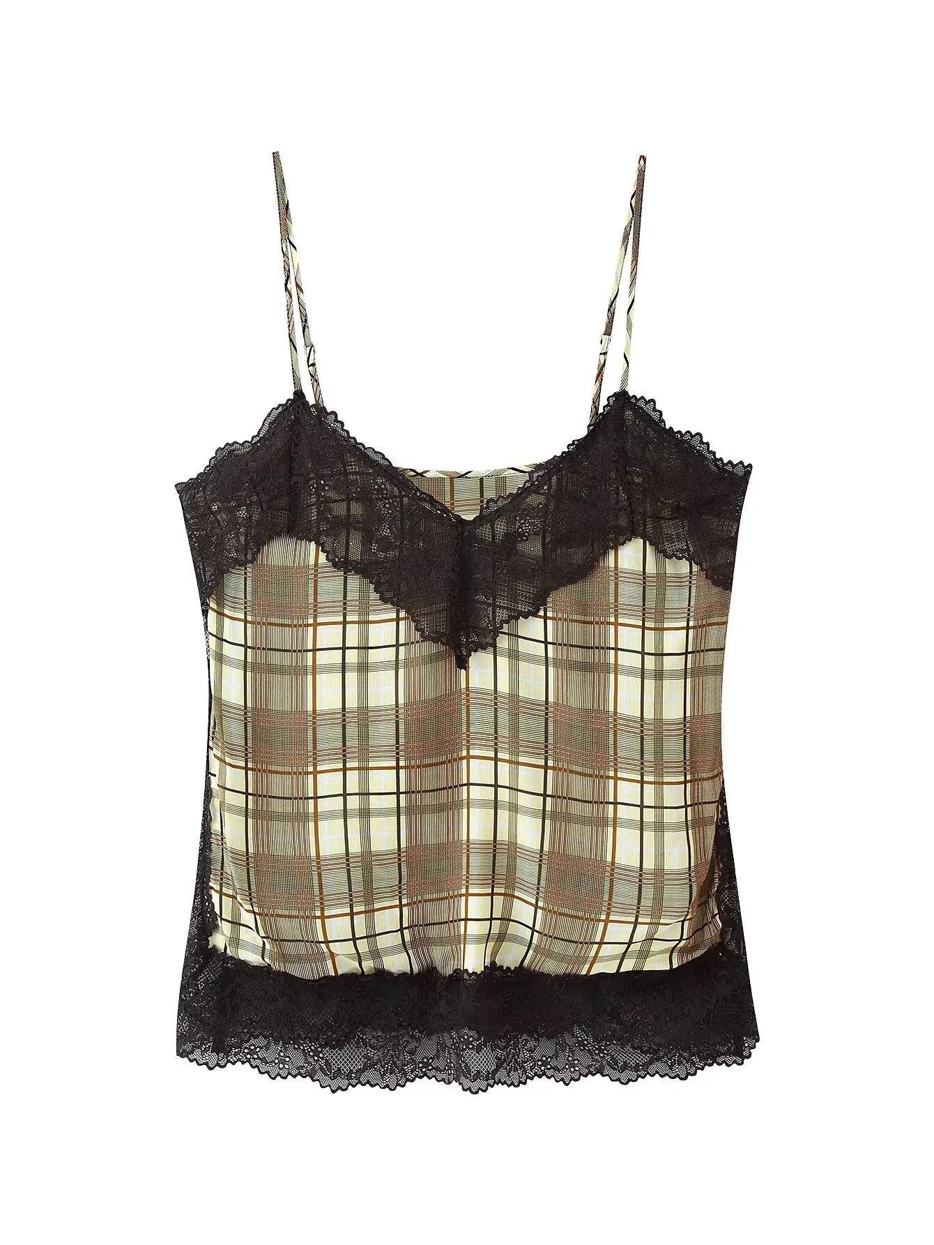 Lace V Neck Plaid Sleeveless Backless Cami Top for Women