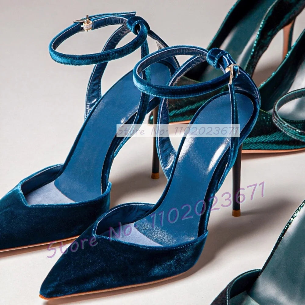 Blue Velvet Pointed Toe Stiletto Sandals with Buckle Ankle Strap for Women