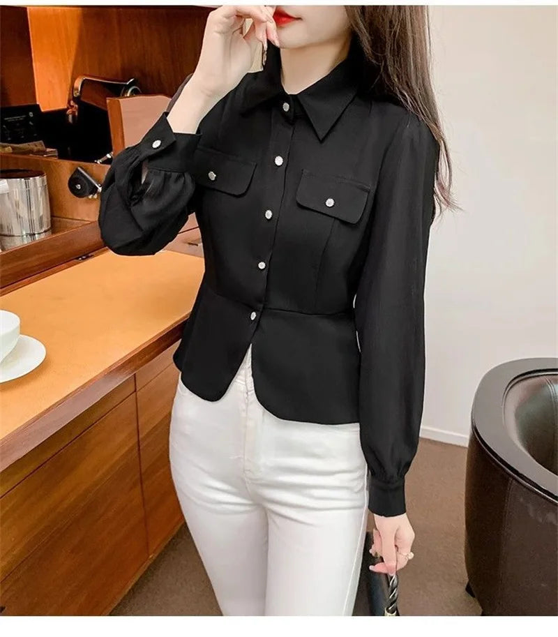 Autumn 2025 New Women Short Long-sleeved Chiffon Blouse Shirt Western-style Blouse Female  Slim Pure Colour Bottoming Shirt