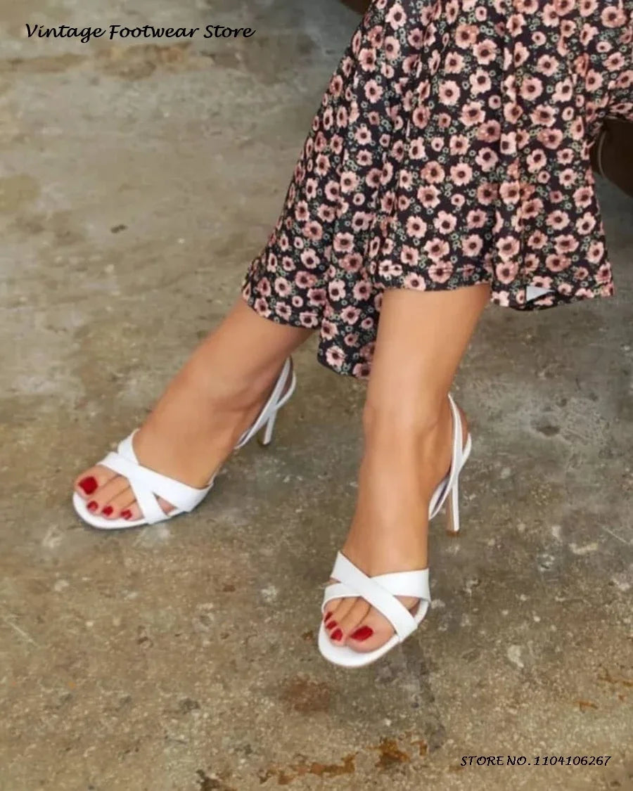 Cross-Strap Leather Slingback Stiletto Sandals for Women
