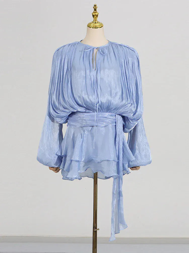 TWOTWINSTYLE Loose Solid Dresses For Women Round Neck Lantern Sleeve High Waist Spliced Fold Mini Chic Dress Female Fashion 2025