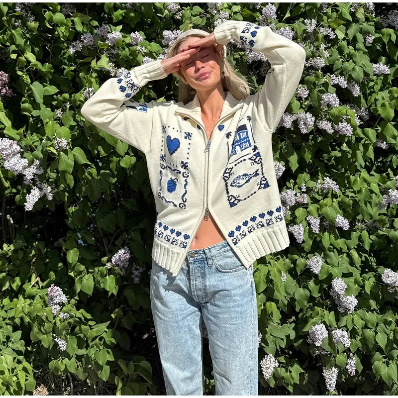 Blue Jacquard Stand Collar Zipper Cardigan for Women