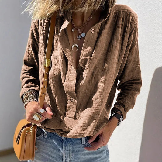 Long-sleeved cotton and linen women's shirt 2025 autumn loose single-breasted lapel casual shirt, office women's clothes
