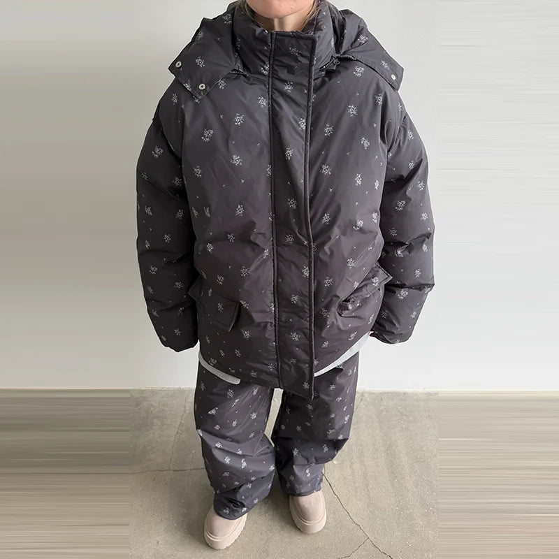 Striped Hooded Puffer Jacket and Wide Leg Pants Set for Women