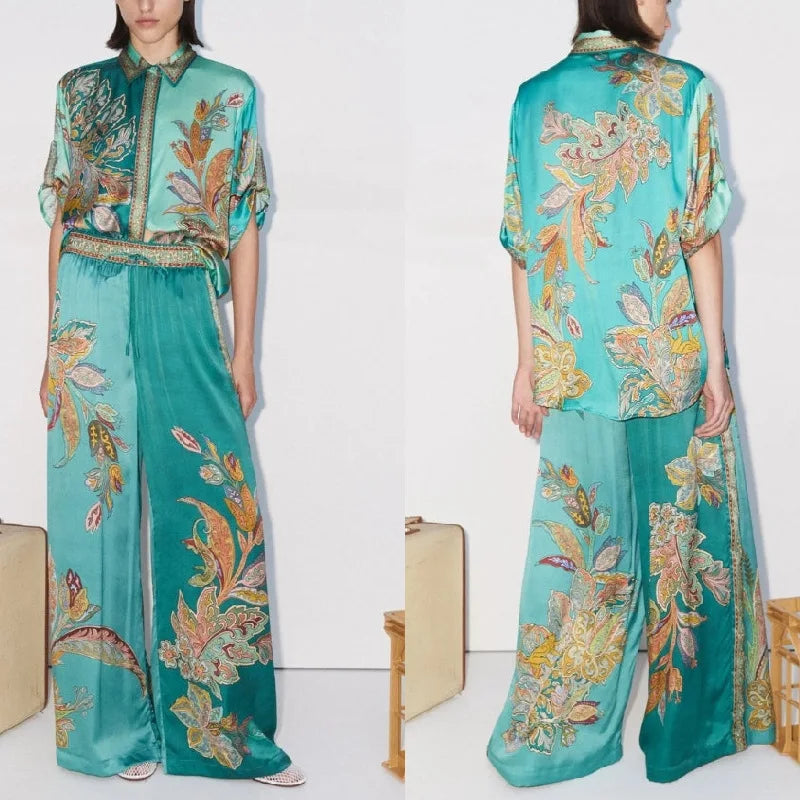 Womens Two Piece Suit Set With Long Sleeve Shirt And Wide Leg Trousers Retro Print Spring Summer Style