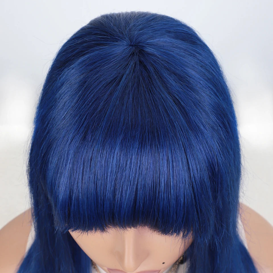 Blue Long Straight Human Hair Wig With Bangs for Women