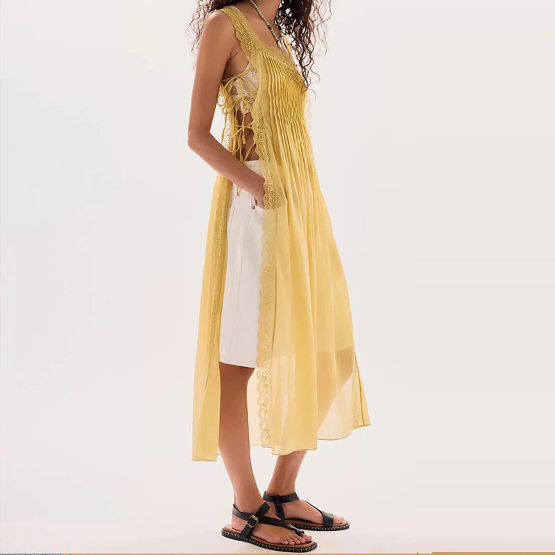 Lace Side Split Beach Pleated Solid Color Maxi Dress for Women