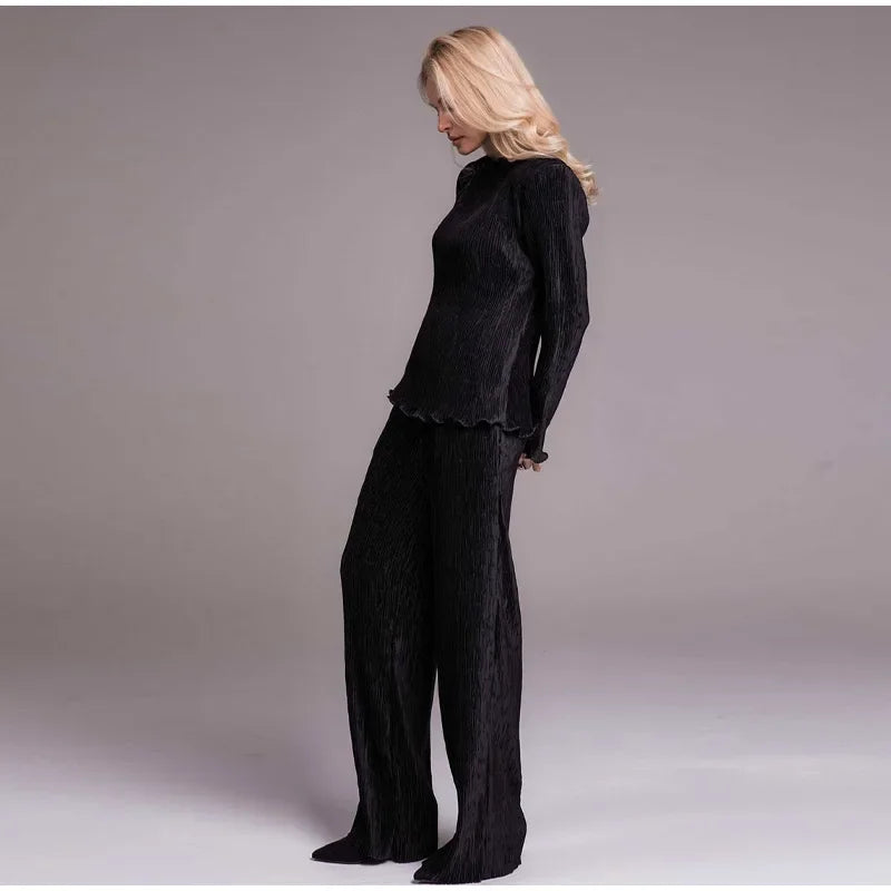 Elegant Velvet Top and Pleated Pants Set for Women