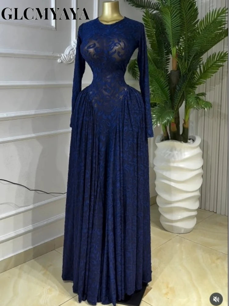 Elegant Pleated O Neck Long Sleeve Maxi Dress For Women