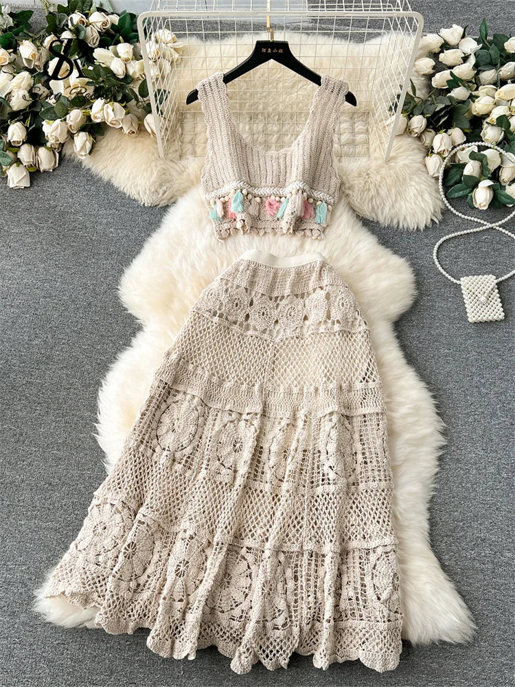 Bohemian Knit Tassel Crop Top and Skirt Set for Women
