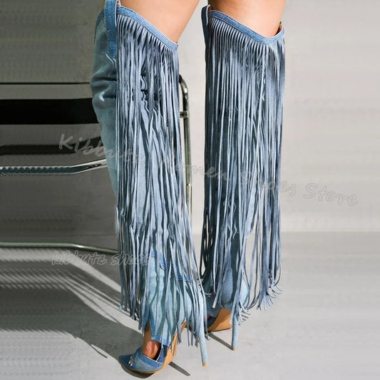 Fringe Over The Knee Sandal Boots Suede Fashion Novelty Sexy Elegant Comfortable Women Shoes New Pointed Toe Thin Heels Slip-On