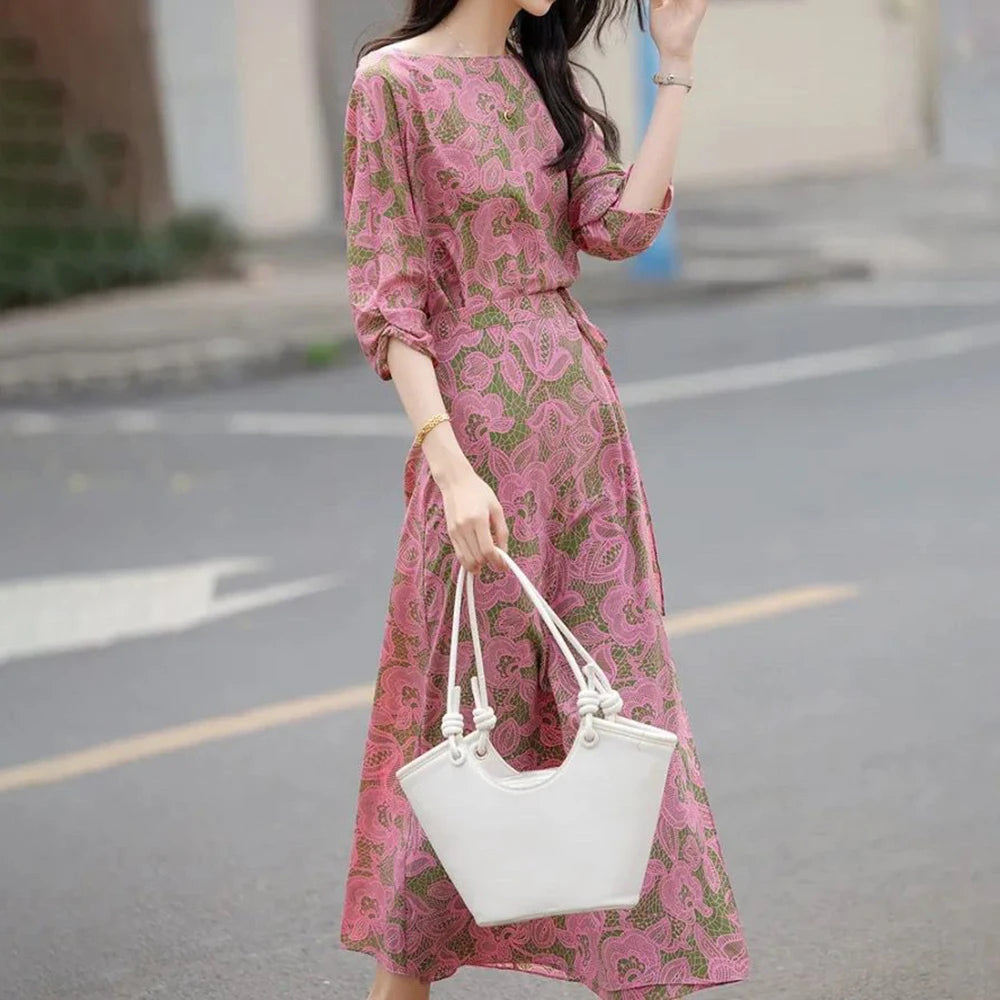 Elegant One Shoulder Wrap Chiffon Midi Dress For Women
