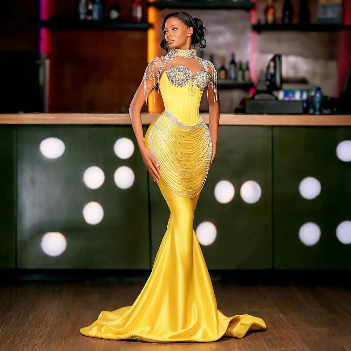 Satin Beaded Tassel Evening Dress