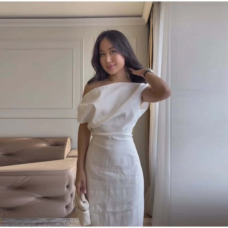 Elegant One Shoulder Side Split Ankle Length Dress for Women