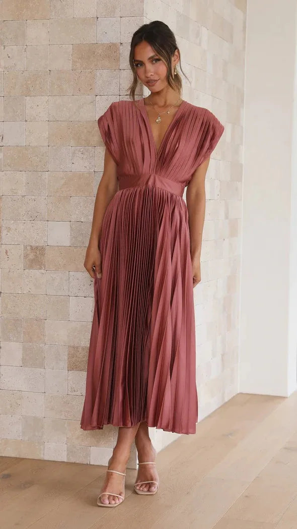 Elegance Draped V-Neck Pleated Skirt Dress 2025 Women Solid Strapless Backless Patchwork Loungewear Simple Maxi Dress